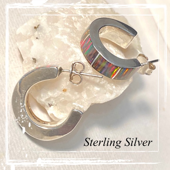 Fire Red Opal Sterling Silver Hoop Post Earrings 950 - Taxco, Mexico - Picture 8 of 8